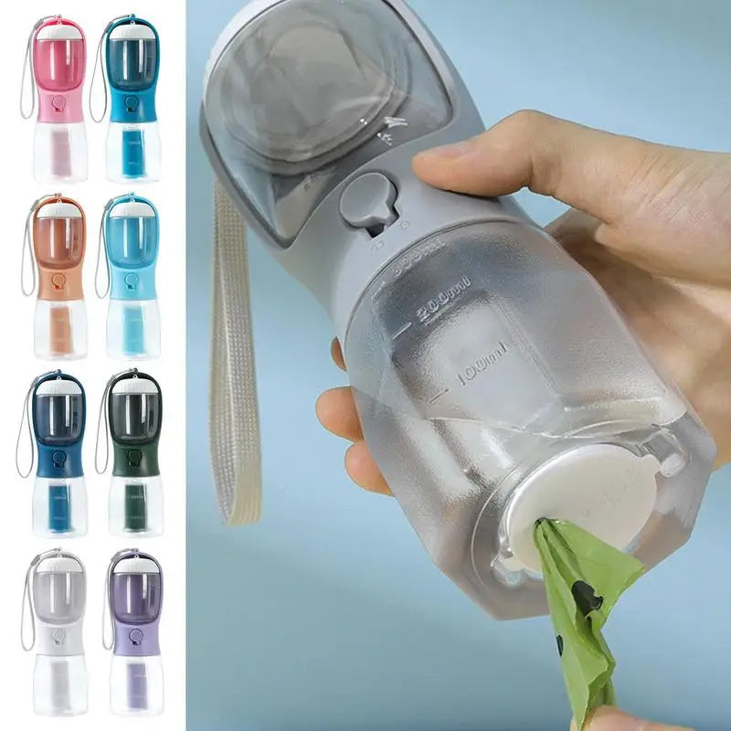 Portable 3-in-1 water bottle for dogs with food container and waste bag
