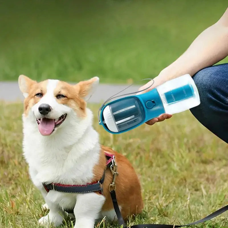 Portable 3-in-1 water bottle for dogs with food container and waste bag