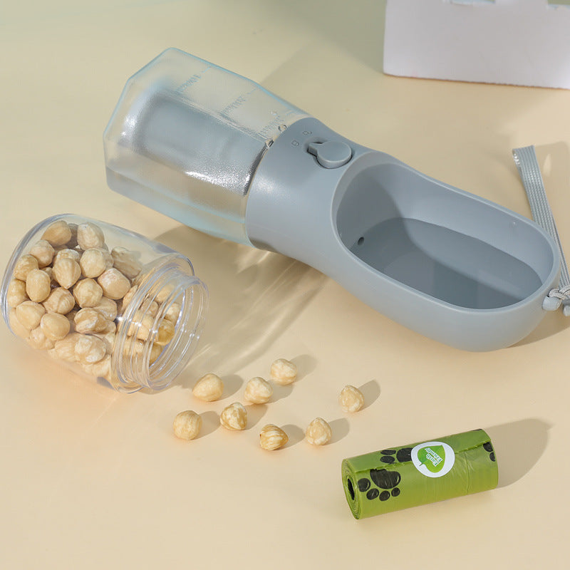 Portable 3-in-1 water bottle for dogs with food container and waste bag