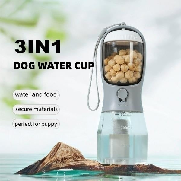 Portable 3-in-1 water bottle for dogs with food container and waste bag