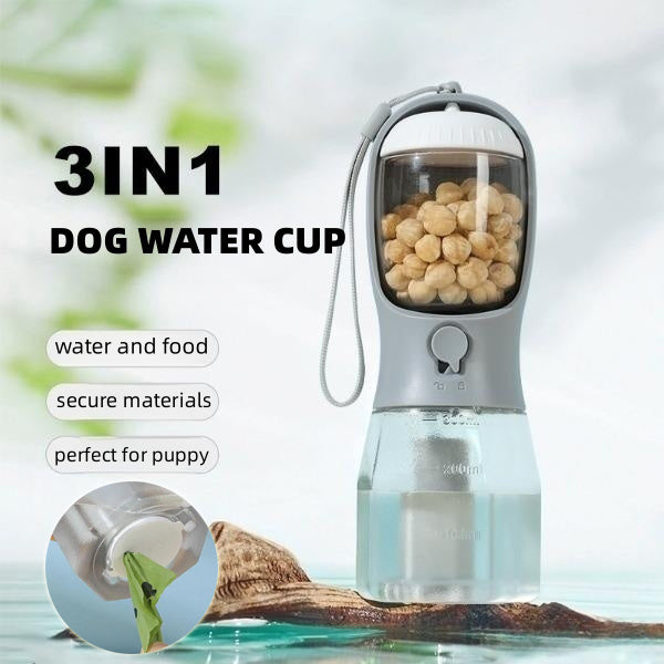 Portable 3-in-1 water bottle for dogs with food container and waste bag