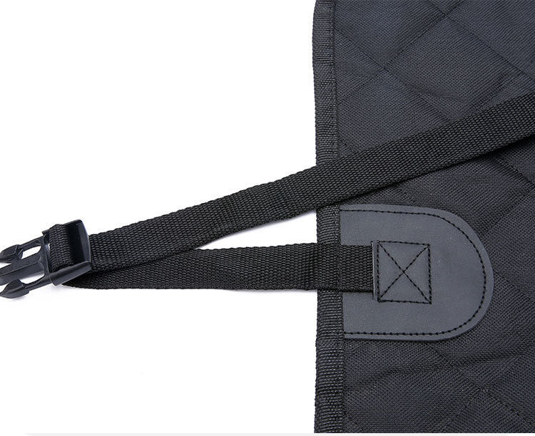 Dog sitting in car seat hammock cover with mesh window