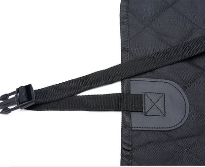 Dog sitting in car seat hammock cover with mesh window