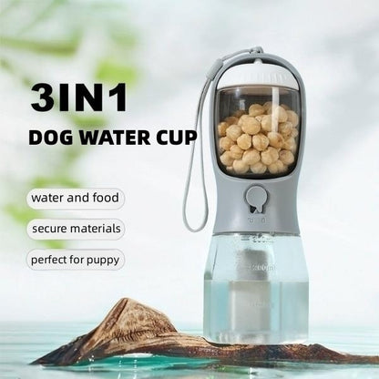 Portable 3-in-1 water bottle for dogs with food container and waste bag