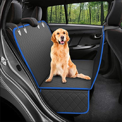 Dog sitting in car seat hammock cover with mesh window

